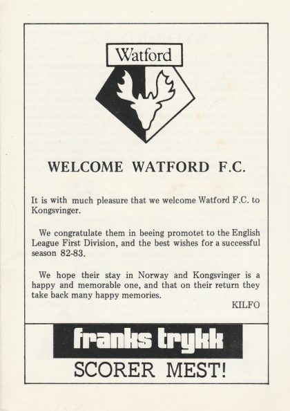 Kongsvinger v Watford  02-Aug-1982