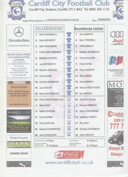 Cardiff City v Scunthorpe United  08-Aug-2009