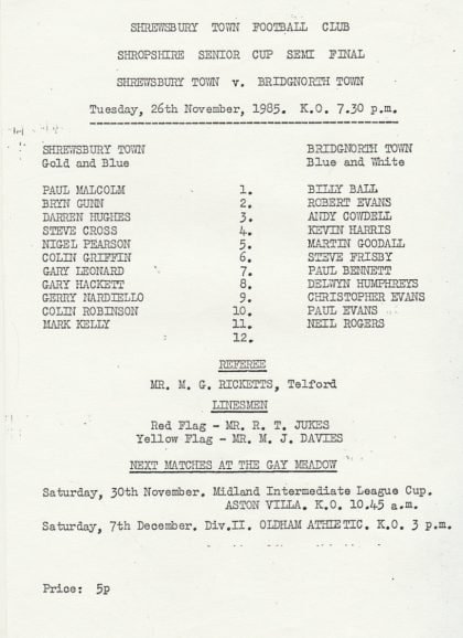 Shrewsbury Town v Bridgnorth Town  26-Nov-1985