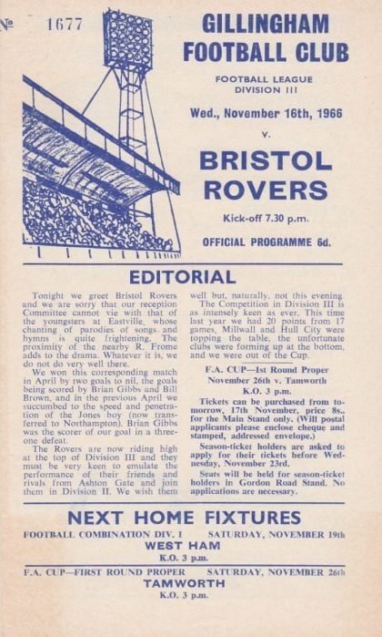 Gillingham v Bristol Rovers 16-Nov-1966