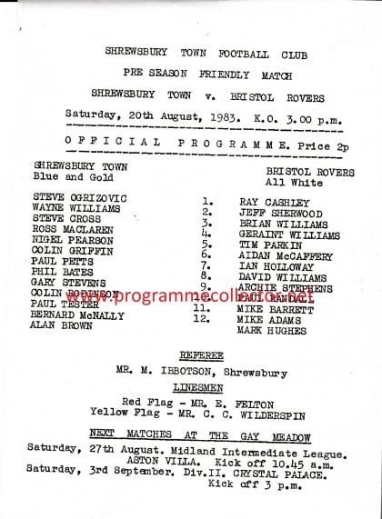 Shrewsbury Town v Bristol Rovers  20-Aug-1983