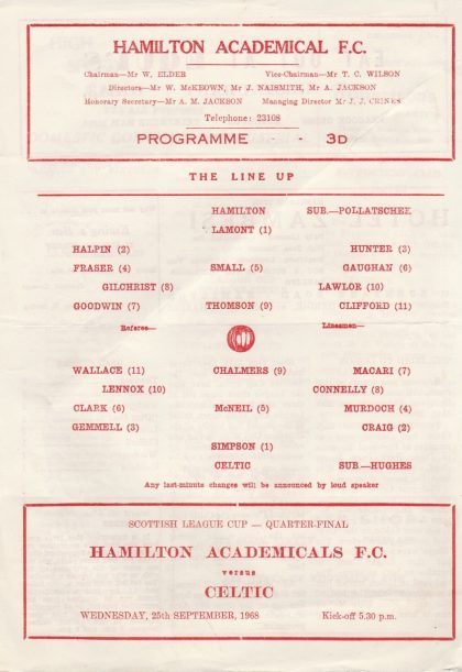 Hamilton Academical v Glasgow Celtic 25-Sep-1968