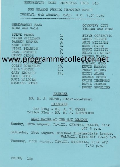 Shrewsbury Town v Coventry City  06-Aug-1985