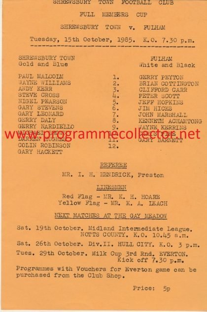 Shrewsbury Town v Fulham 15-Oct-1985