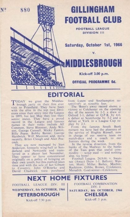 Gillingham v Middlesbrough  01-Oct-1966