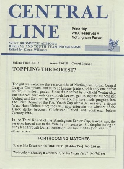 West Bromwich Albion Reserves v Nottingham Forest Reserves 16-Dec-1988