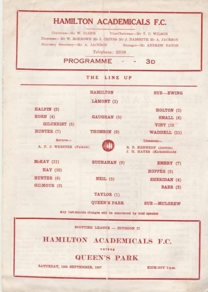 Hamilton Academical v Queens Park 10-Sep-1967