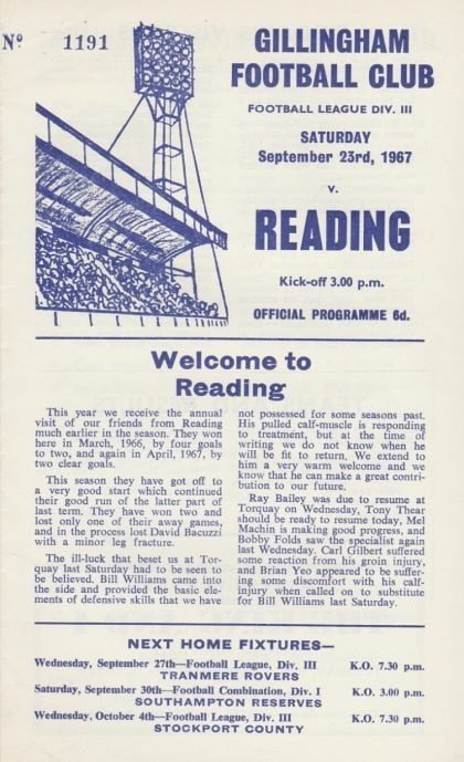 Gillingham v Reading 23-Sep-1967