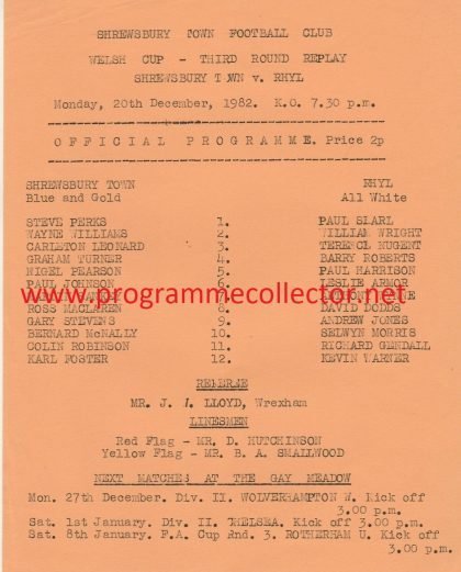 Shrewsbury Town v Rhyl  20-Dec-1982