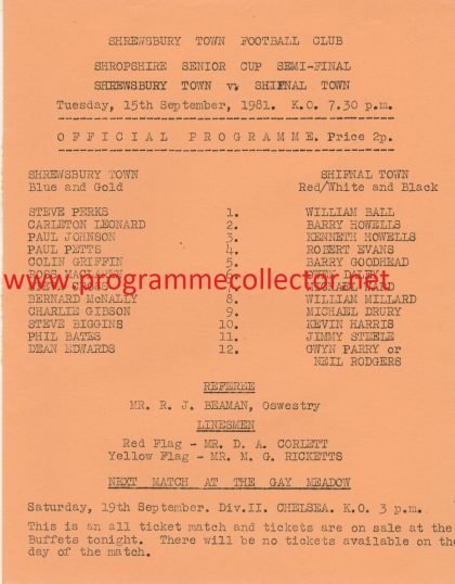 Shrewsbury Town v Shifnal Town 15-Sep-1981