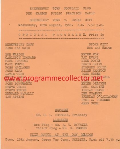 Shrewsbury Town v Stoke City  12-Aug-1981