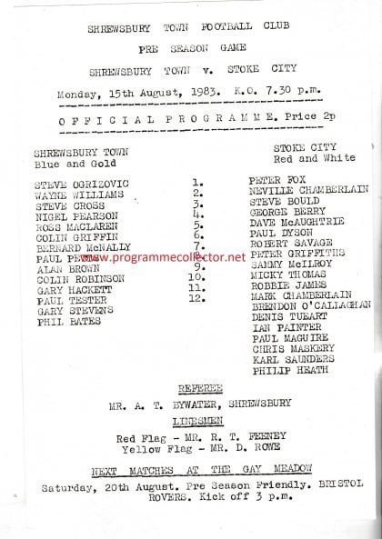 Shrewsbury Town v Stoke City  15-Aug-1983