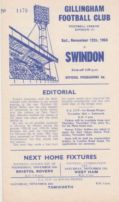 Gillingham v Swindon Town  12-Nov-1966