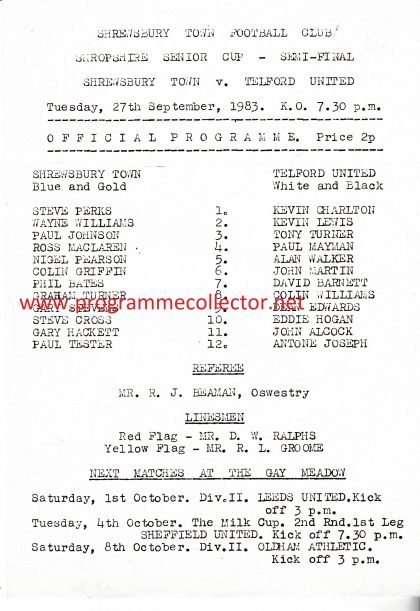 Shrewsbury Town v Telford United  27-Sep-1983