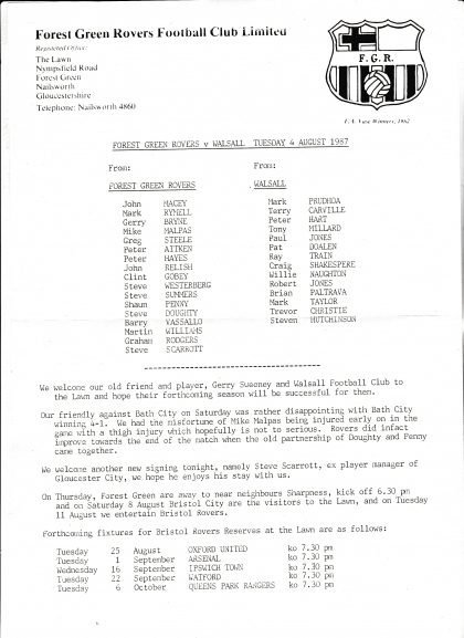 Forest Green Rovers v Walsall   04-Aug-1987