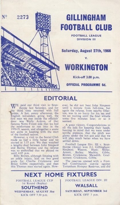 Gillingham v Workington 27-Aug-1966