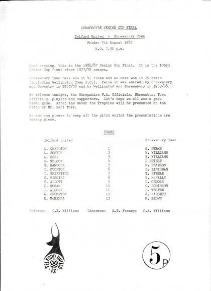 Telford United v Shrewsbury Town 07-Aug-1987