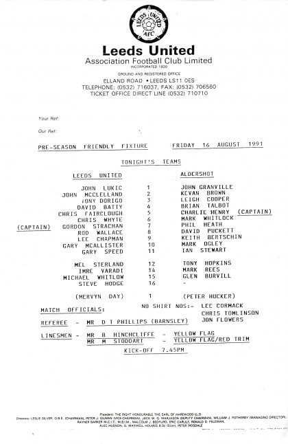 Leeds United v Aldershot 16-Aug-1991