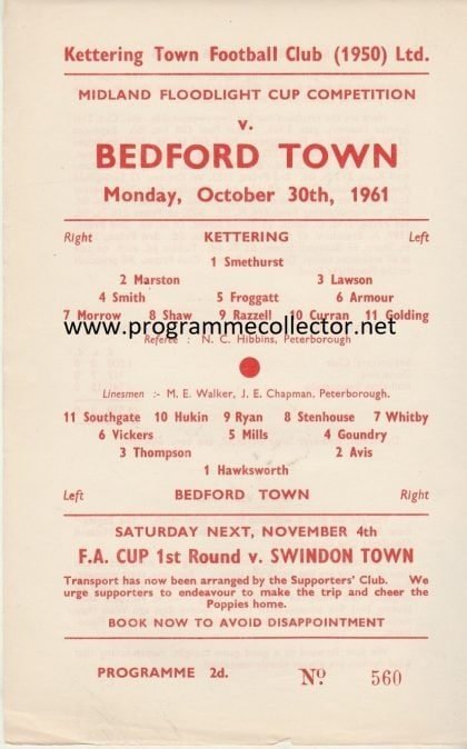 Kettering Town v Bedford Town 30-Oct-1961