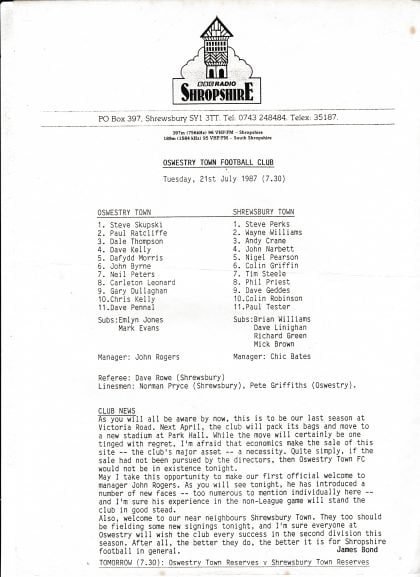 Shrewsbury Town v Oswestry Town  21-Jul-1987