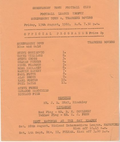 Shrewsbury Town v Tranmere Rovers  13-Aug-1982