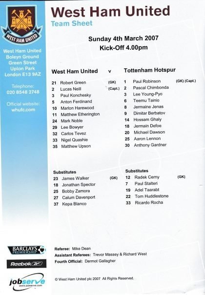 West Ham United v Tottenham Hotspur  04-Mar-2007