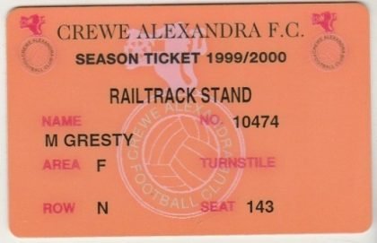 Crewe Alexandra Season ticket card 1999-00