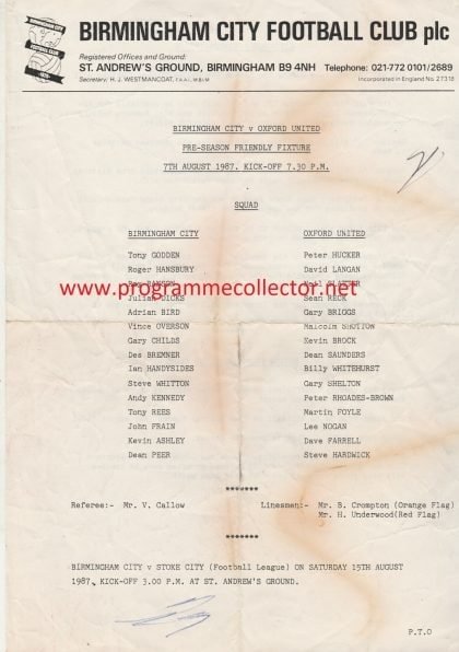 Birmingham City v Oxford United  07-Aug-1987