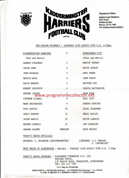 Kidderminster Harriers v Birmingham City 11-Aug-1990