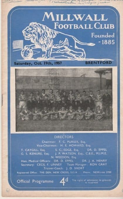 Millwall v Brentford 19-Oct-1957
