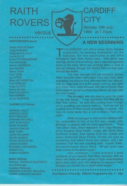 Raith Rovers v Cardiff City  19-Jul-1999