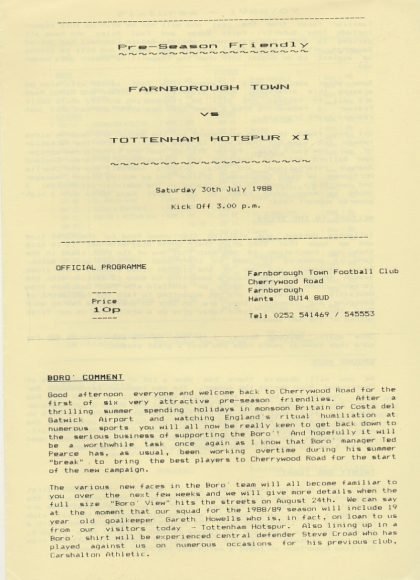 Farnborough Town v Tottenham Hotspur XI  30-Jul-1988