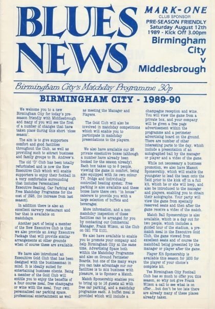 Birmingham City v Middlesbrough 12-Aug-1989