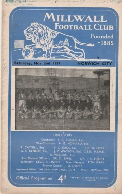 Millwall v Norwich City  02-Nov-1957