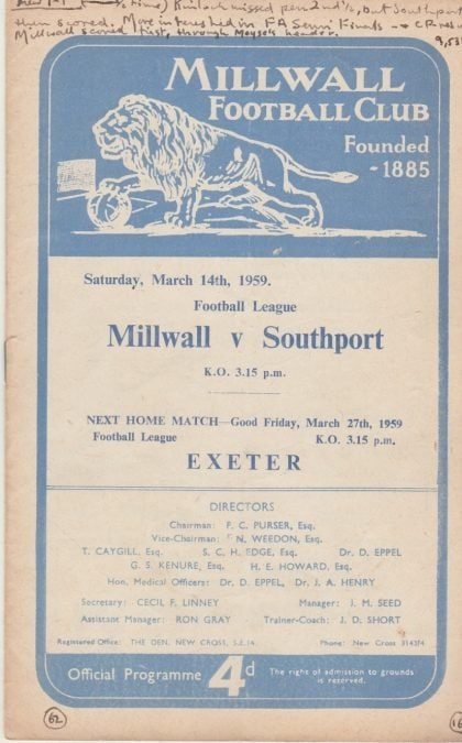 Millwall v Southport 14-Mar-1959