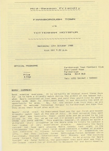 Farnborough Town v Tottenham Hotspur 12-Oct-1988