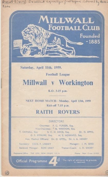 Millwall v Workington 11-Apr-1959