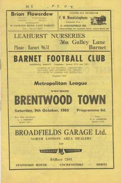 Barnet v Brentwood Town  09-Oct-1965