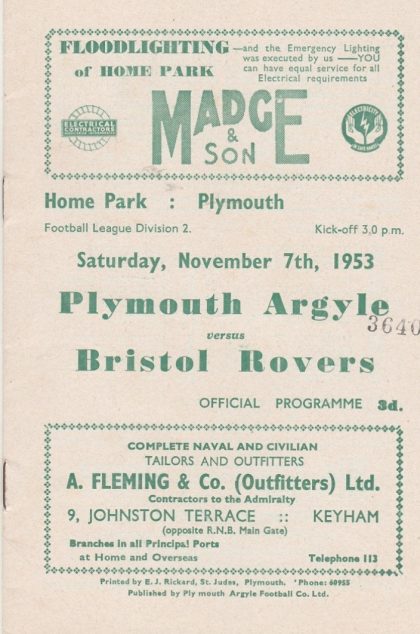 Plymouth Argyle v Bristol Rovers  07-Nov-1953