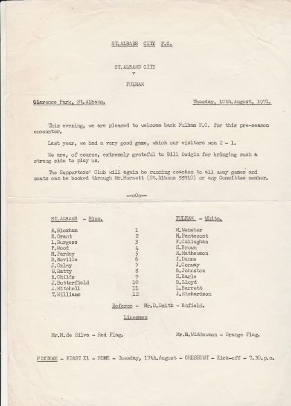 St Albans City v Fulham 10-Aug-1971
