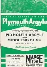 Plymouth Argyle v Middlesbrough 09-Sep-1961