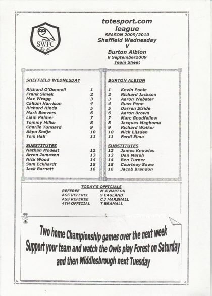 Sheffield Wednesday Reserves v Burton Albion Reserves  08-Sep-2009