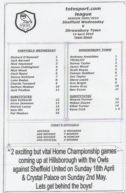 Sheffield Wednesday Reserves v Shrewsbury Town Reserves  14-Apr-2010