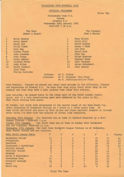 Folkestone Town v Arsenal  20-Jan-1982