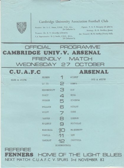Cambridge University v Arsenal  27-Oct-1982