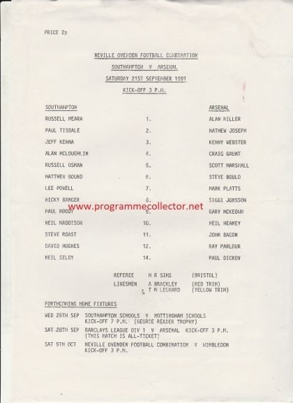 Southampton Reserves v Arsenal Reserves 21-Sep-1991