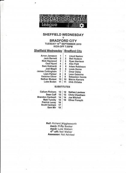 Sheffield Wednesday Reserves v Bradford City Reserves 14-Sep-2010