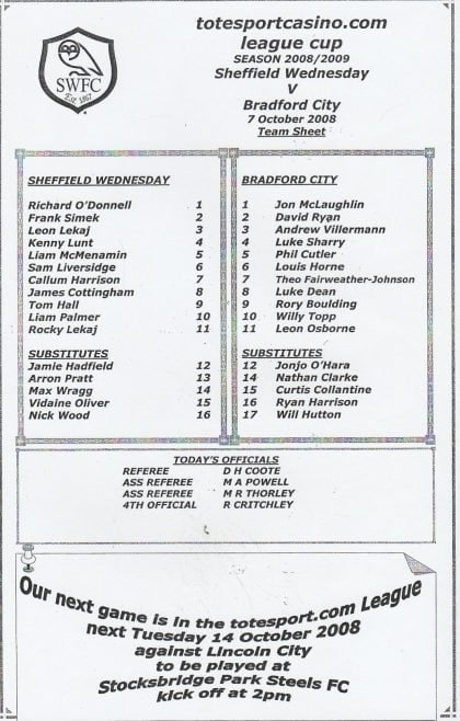 Sheffield Wednesday Reserves v Bradford City Reserves 07-Oct-2008