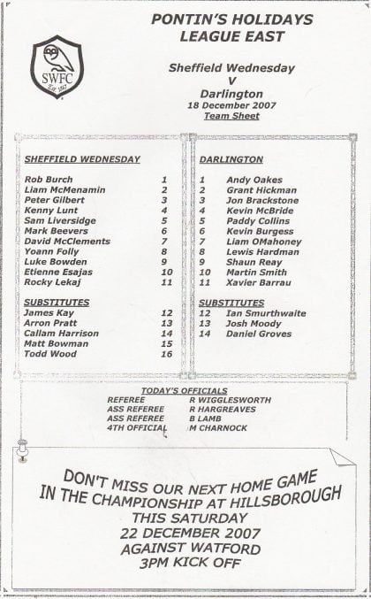 Sheffield Wednesday Reserves v Darlington Reserves 18-Dec-2007