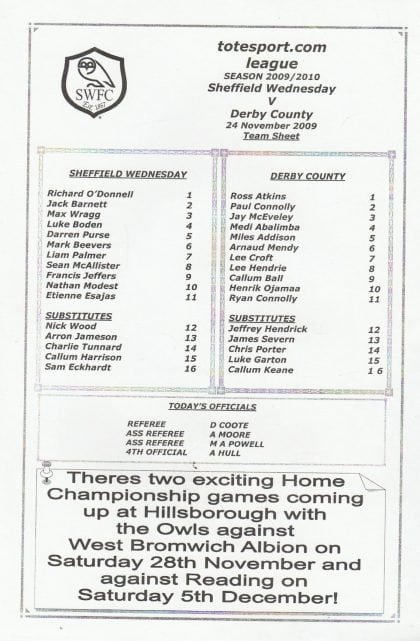 Sheffield Wednesday Reserves v Derby County Reserves  24-Nov-2009